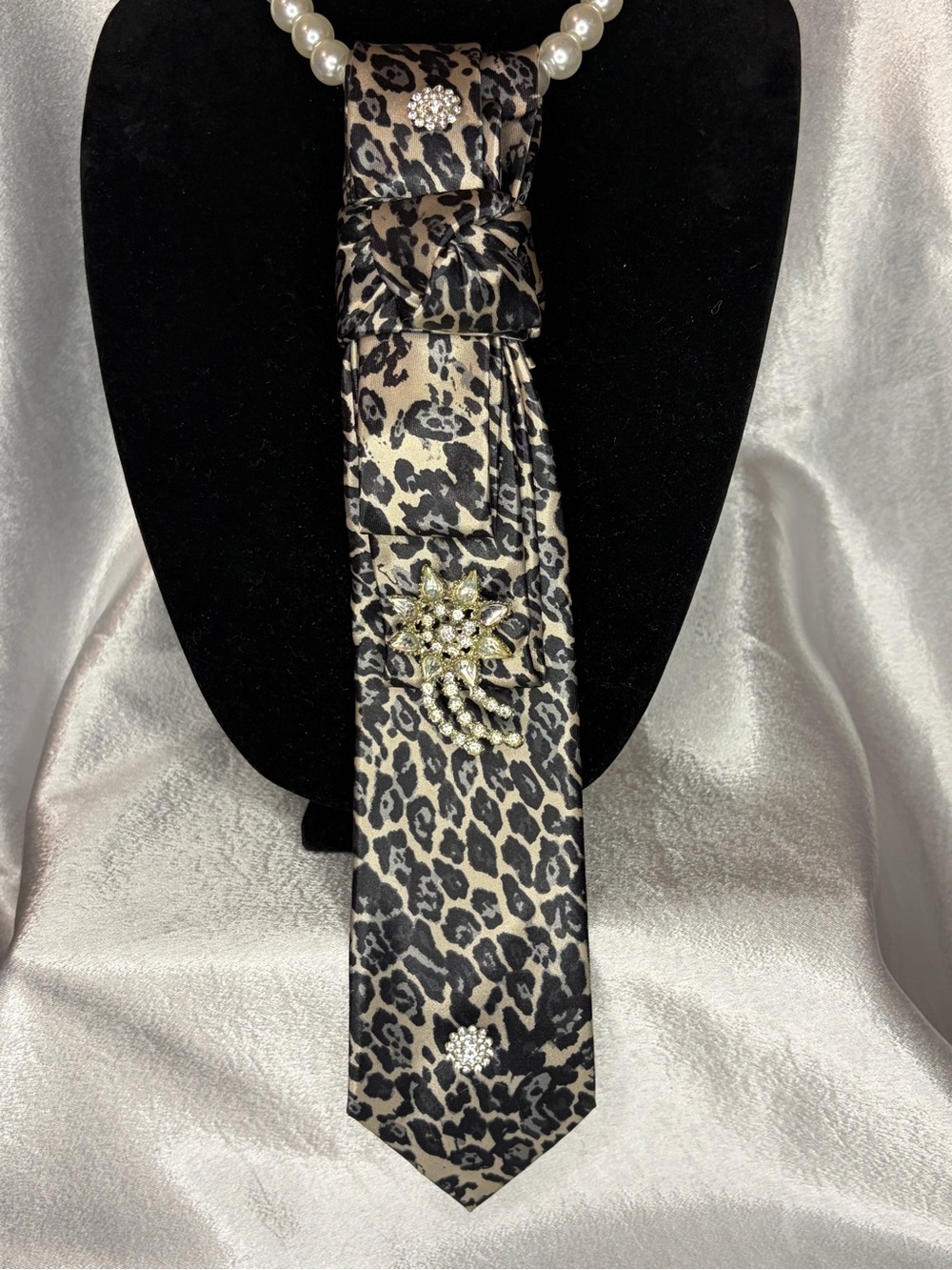 Leopard Print Satin Neck Scarf Tie with Pearl Accent
